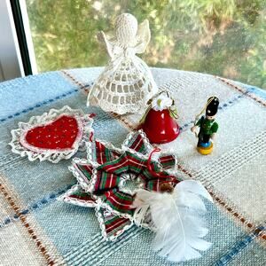 6 Vintage Christmas Ornaments Handmade Crochet Angel, Soldier, Wreath & More